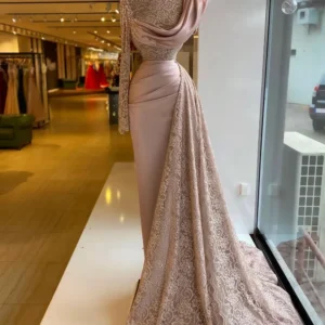 Noble And Elegant Mermaid Formal Evening Gown With One Sleeve Transparent Lace Satin Bead Women’s High Neck Ball Gown Customized